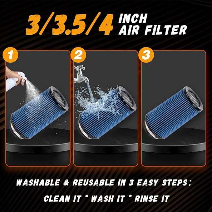 4-Inch Cold Air Intake Filter - Washable, High Performance, 3" or 3-1/2" or 4" Clamp-On Filter Height: 9 In Replacement Cone Air Filter Universal 3 Sizes in 1 (Blue)