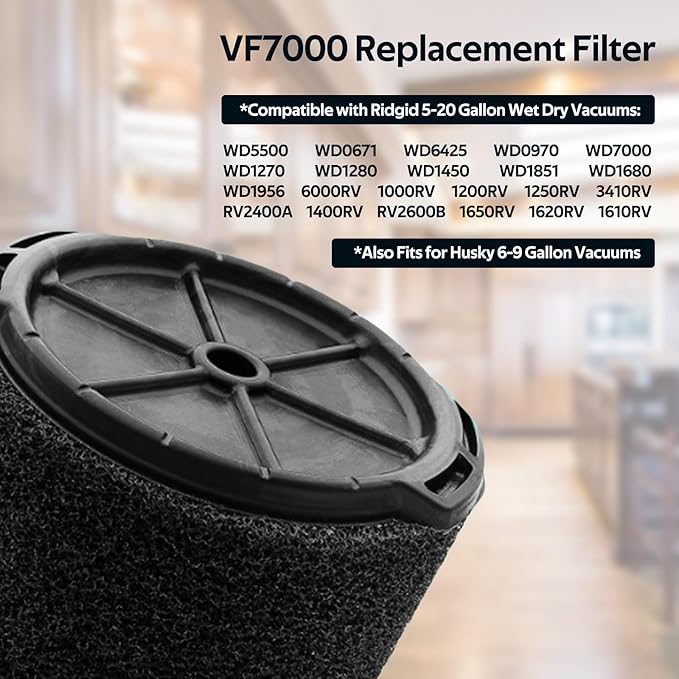 2 Pack VF7000 Replacement Filter Compatible with Ridgid 5-20 Gallon and Husky 6-9 Gallon Wet/Dry Vacuums Foam Wet Application Only Vac