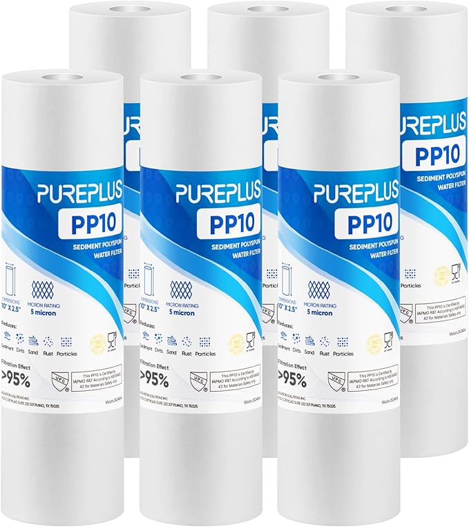 PUREPLUS 5 Micron 10" x 2.5" Whole House Sediment Home Water Filter Cartridge Replacement for Any 10 inch RO Unit, Culligan P5, Aqua-Pure AP110, Dupont WFPFC5002, CFS10, WHKF-G05, 6Pack