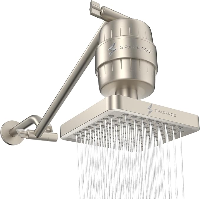 SparkPod 6" High Pressure Rain Shower Head with 23 Stage Filter Capsule & 11 Inch Adjustable Shower Arm Extension -Shower Filter Reduces Chlorine for Smoother Hair & Skin (Square, Brushed Nickel)