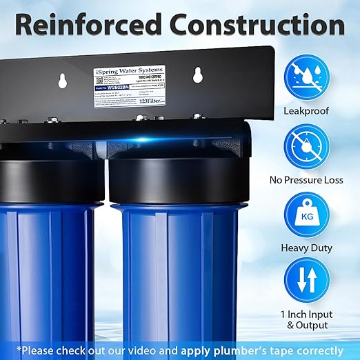 iSpring WGB22BM+AHPF12MNPT16X2 2-Stage Whole House Water Filtration System with 20” x 4.5” Carbon Block and Iron & Manganese Reducing Filters and 3/4" Push-fit Stainless Steel Hose Connectors, Blue