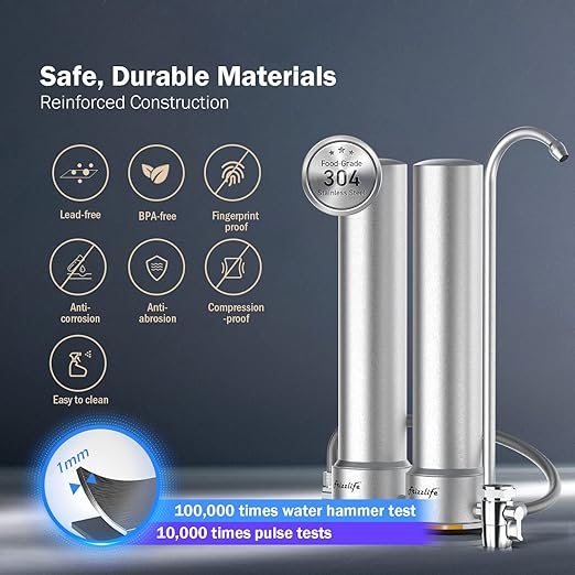 Frizzlife DS99 Countertop Water Filter System, 8-Stage Stainless Steel Water Filter for Sink Faucet, 0.5 Micron NSF Certified Elements Reduces 99.99% Lead, Chlorine, Heavy Metals, Bad Taste & Odor