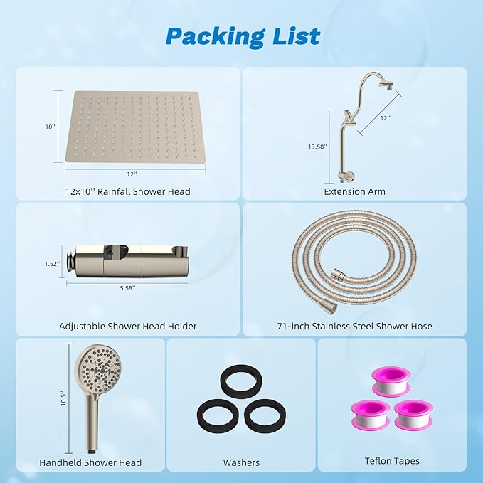 Hibbent Upgraded All Metal 12" Rainfall Showerhead Combo, High Pressure Shower Head with 10-Spray Mode Handheld, 4-way Diverter with Pause Mode, 71'' Shower Hose and Handheld Holder, Brushed Nickel