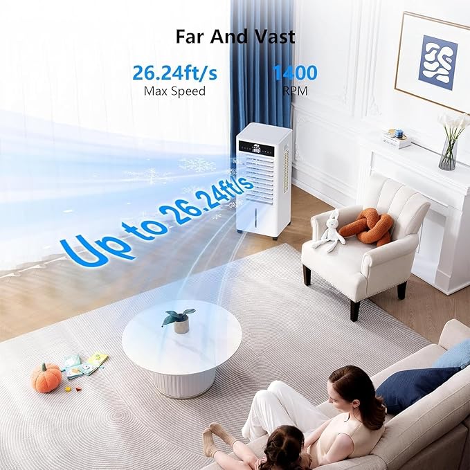 JRD 3-IN-1 Evaporative Air Cooler, 80° Oscillation Air Cooler with 3 Speeds, 4 Modes, 12H Timer, 2.4Gal Tank, Remote, Portable Swamp Cooler for Bedroom Home Office Garage