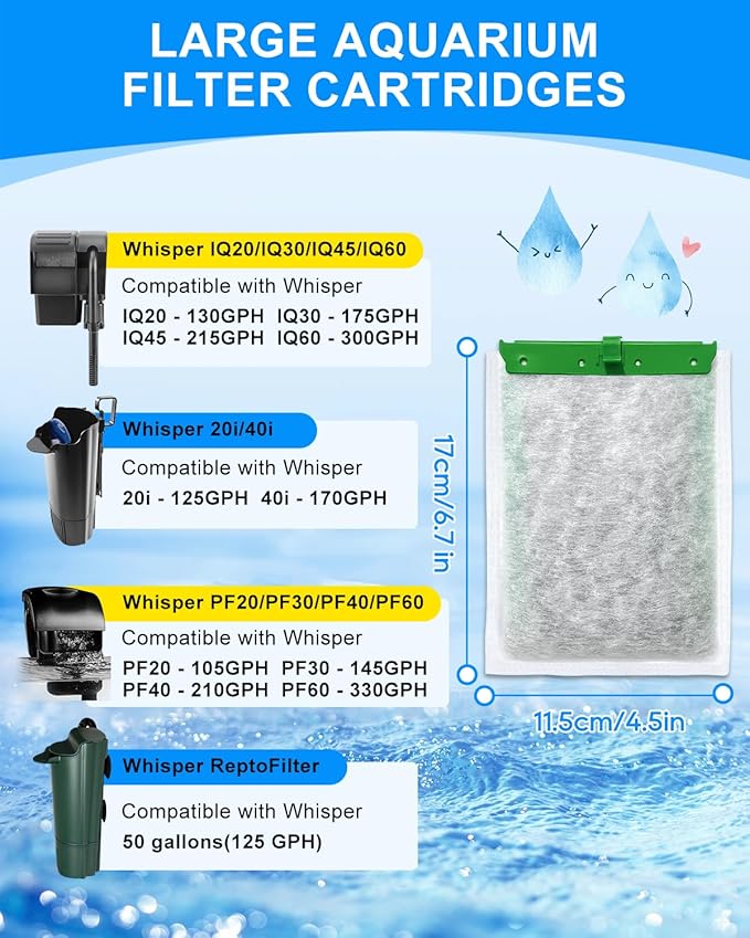 10-Pack Upgraded 5-Layer Filter Cartridges Large Compatible with Bio Bag Filter Cartridges Large Aquarium Filters, Turtle Tank Filter for Whisper Filter 20i 40i/ IQ 20 30 45 60/ PF20 30 40 60