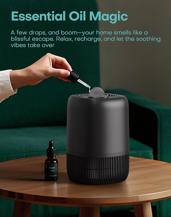 Air Purifiers for Office with H13 True HEPA Filter Up to 1076 Ft² for Pet Family, Pollen, Smoke, Compact Air Cleaner with 3 Speeds, Timer, Aroma Quiet, 360°Intake, for Home Bedroom, Black