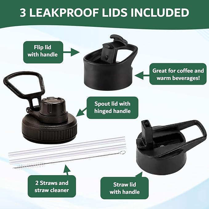 Travel Water Bottle with 3 Lids (Spout, Straw, Flip) Leak Proof, Quality, Vacuum Insulated, Stainless Steel (Sunrise, 18 oz)