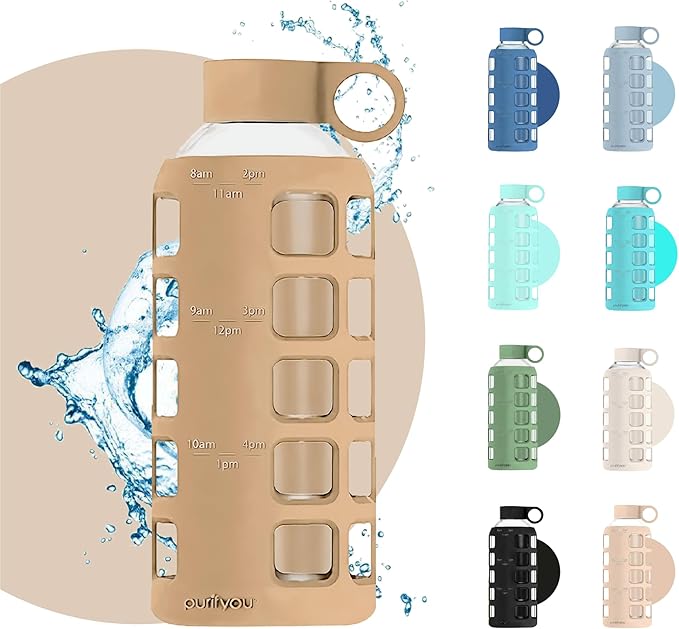 purifyou 40oz / 32oz / 22oz / 12oz Borosilicate Glass Water Bottle with Time & Volume Markers, Silicone Sleeve, Stainless Steel Lid | Reusable Glass Bottle for Water & Juice (22oz Iced Coffee)