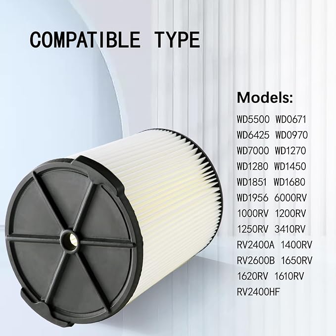 VF4000 Replacement Filter for 72947 Wet Dry Vac 5 to 20-Gallon 6-9 Gal Husky Craftsman 17816 Vacuum Compatible WD5500 WD0671 RV2400A RV2600B Washable & Reusable Replace VF4000 Filter (2 Pcs)