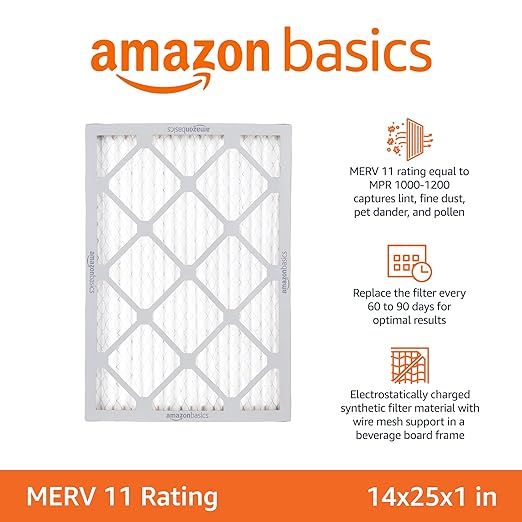 Amazon Basics 14x25x1 Air Filter 6 Pack, MERV 11 AC Furnace Filters (Actual Size: 13.75" x 24.75" x 0.75")