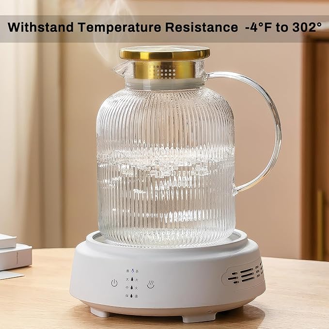 2 Liter 68 Ounces Glass Pitcher with Lid and Spout, Large Vertical Stripes Water Pitcher ribbed Borosilicate Glass Fridge Water Carafe for Cold Brew, Coffee, Lemonade, Sun Tea,Heat Resistant