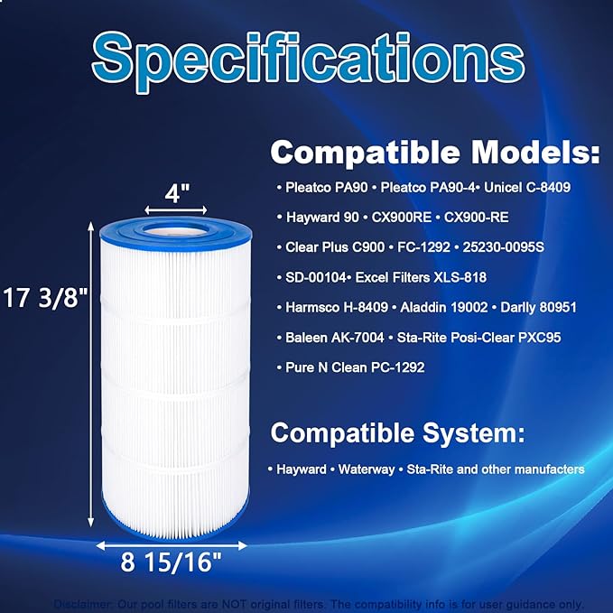 90 Sq. Ft. Pool Filter Compatible with Hayward C900, CX900RE, Pleatco PA90, Unicel C-8409, Filbur FC-1292, Sta-Rite PXC95, Ultral-B6, NSF Certified,L x OD: 17 3/8" x 8 15/16" 1 Pack