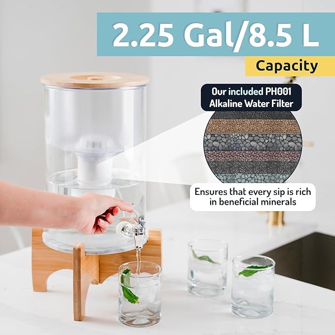 Invigorated Water pH Recharge Alkaline Water Filter Dispenser – BPA-Free Glass Countertop Water Filter Pitcher Purifier for Home & Office, 36-Cup Capacity, 360L Long Filter Life (Bamboo/Marble)