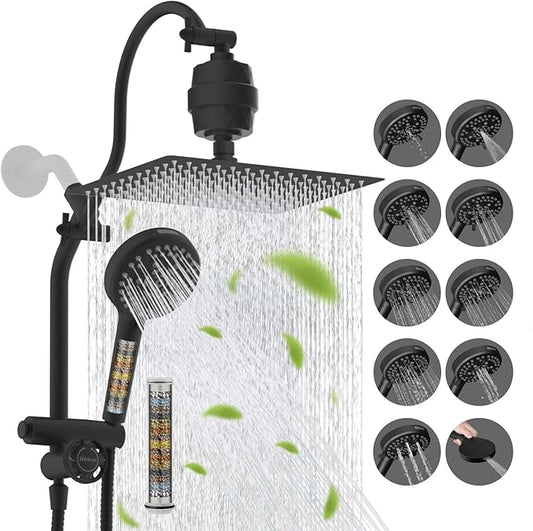Hibbent Dual Filter All Metal 12" Rainfall Showerhead Combo, High Pressure Filter Shower Head with 10-Spray Mode Handheld, 4-way Diverter with Pause Mode, 71'' Shower Hose and Holder, Matte Black