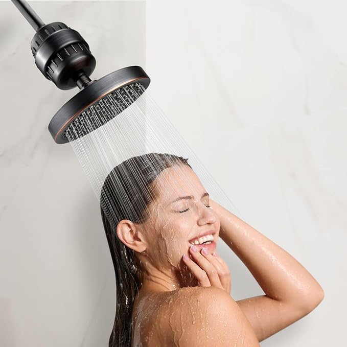 High Pressure Filtered Shower Head Set, 6’’ Rain Shower Filter for Hard Water, Universal Round Showerhead 20 Stage Filtration Removes Impurities for Rejuvenated Skin by Eolax, Oil-Rubbed Bronze