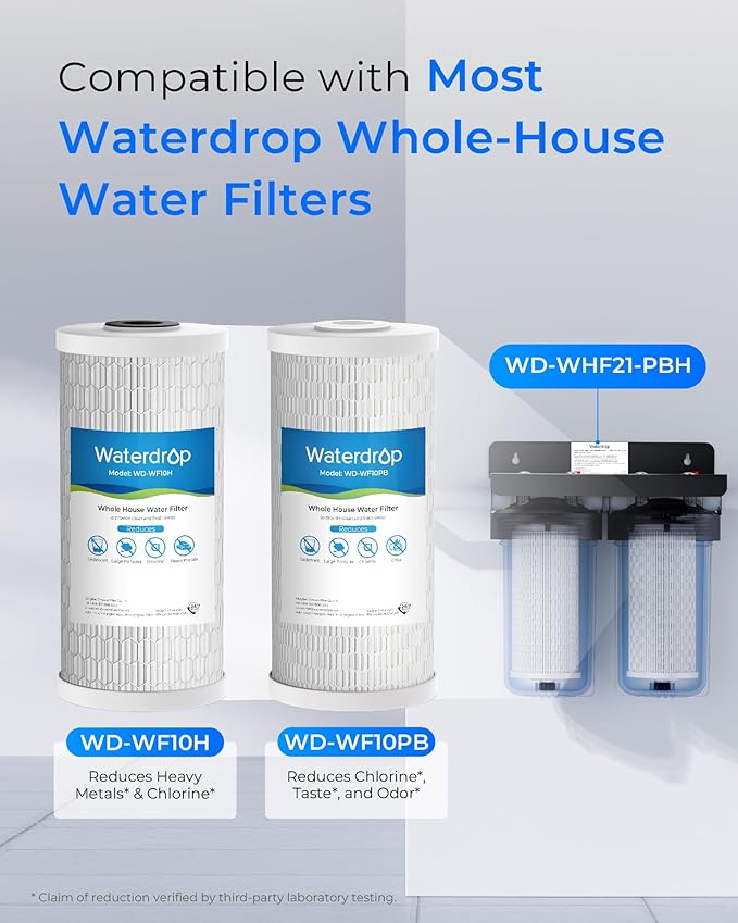 Waterdrop Whole House Water Filter, Sediment Filter Reduce Heavy Metals, Cartridge Replacement for GE® FXHTC, GXWH40L, iSpring, Culligan® RFC-BBSA, Whirlpool®, Any 10" x 4.5" System, 5 Micron