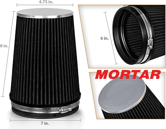 Mortar Aftermarket Auto Air Filter – 6 In Flange ID Car Enthusiast Class Universal Cold Air Intake Gulps in More Air for More Engine Power & Passionate Induction Sound, Length 8 In, Black