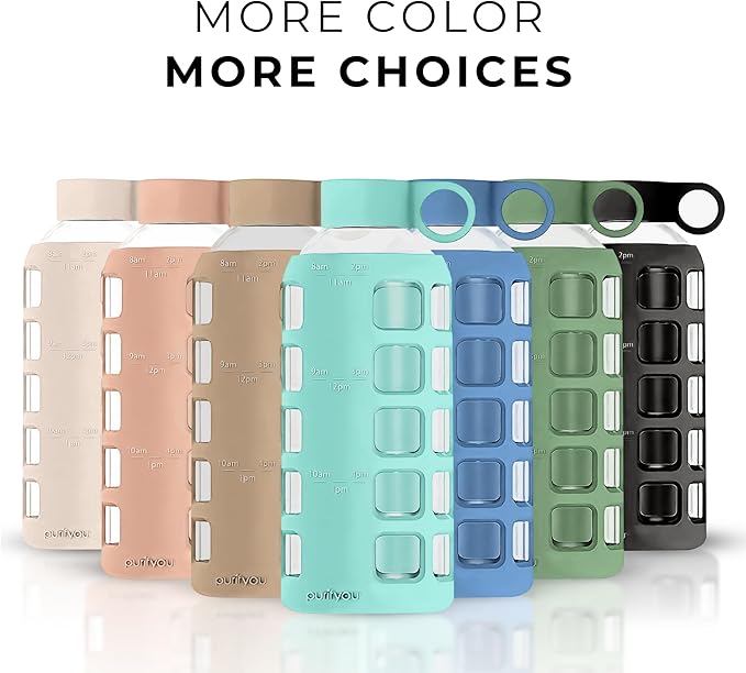 purifyou 40oz / 32oz / 22oz / 12oz Borosilicate Glass Water Bottle with Time & Volume Markers, Silicone Sleeve, Stainless Steel Lid | Reusable Glass Bottle for Water & Juice (22oz Glow-in-the-Dark)
