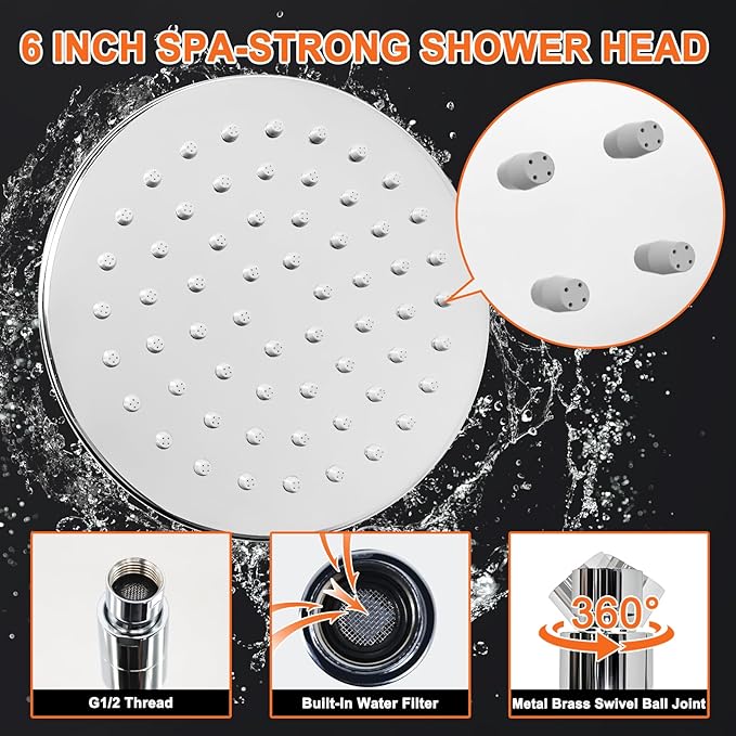 6 Inch Round Rainfall Shower Head with Stainless Steel Arm High Pressure Water Saving Anti-Clog Nozzles Easy Install for Bathroom/Bathtub (Round, Chrome)