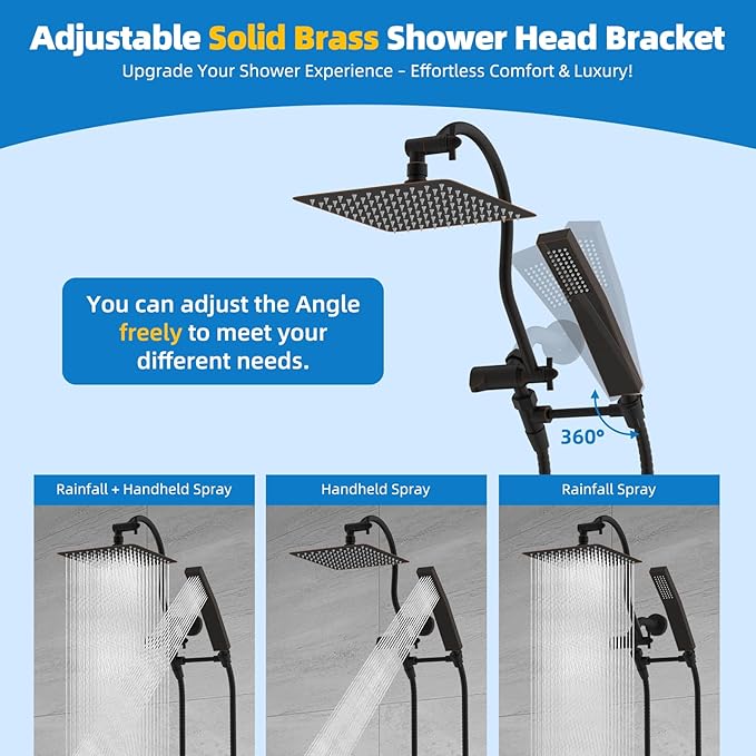Hibbent All Metal Shower Head, 10'' High Pressure Rainfall Shower Head, Showerhead Combo, Handheld Shower Wand, 12'' Adjustable Curved Extension Arm, 71'' Hose, Shower Head Holder, Oil Rubbed Bronze