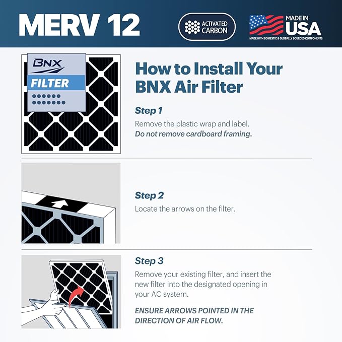 BNX TruFilter 16x20x1 MERV 12 Odor Defense (2-Pack) AC Furnace Air Filter with Activated Carbon - MADE IN USA - Pleated Air Conditioner HVAC AC Furnace Filters - Removes Odor, Mold, Bacteria, Smoke