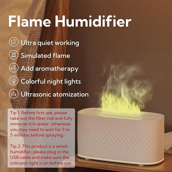 Flame Diffuser Humidifier for Essential Oils - Fire Ultrasonic Aroma Diffusers, USB Personal Desktop Quiet Cool Mist Small Humidifier with Auto-Off for Home Office Bedroom (Black)