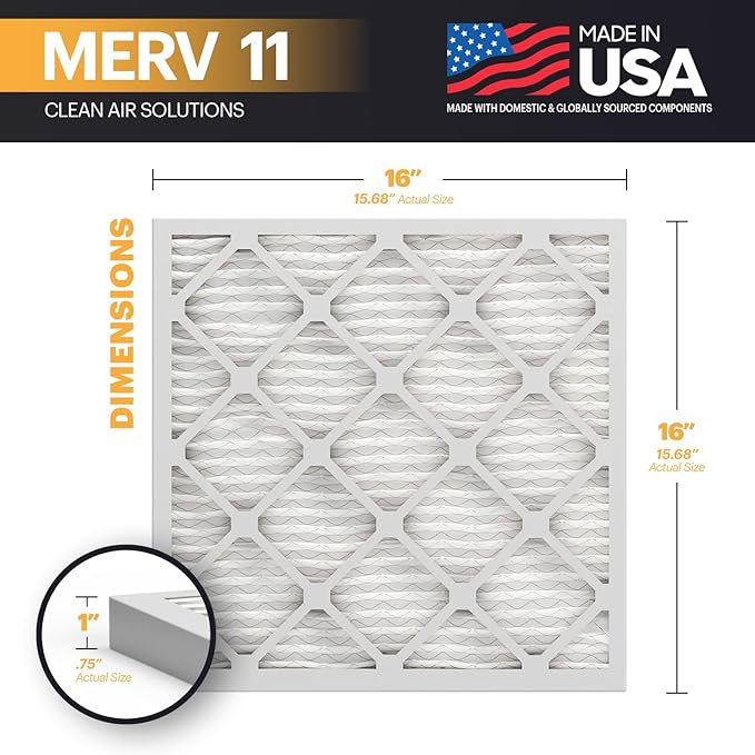 BNX TruFilter 16x16x1 Air Filter MERV 11 (6-Pack) - MADE IN USA - Allergen Defense Electrostatic Pleated Air Conditioner HVAC AC Furnace Filters for Allergies, Dust, Pet, Smoke, Allergy MPR 1200 FPR 7