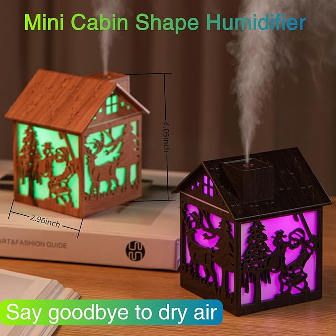 Colorful Cool Mini Humidifier, Cabin styling with Christmas theme，USB Personal Desktop Humidifier 2 Mist Modes, 7 colors,Super Quiet Perfect for Baby Bedroom, Office (Darkwood)
