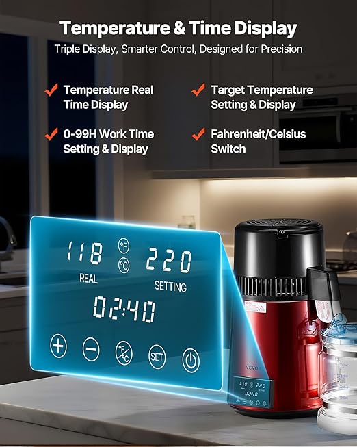 VEVOR Water Distiller, 4L 1.1 Gallon Pure Water Purifier Filter for Home Table Countertop, 1750W Distilled Maker with Glass Pot, Stainless Steel Interior Drinking Machine to Make Clean Waters, Red