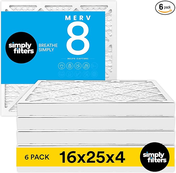 Simply 16x25x4 Air Filter MERV 8, MPR 600, 6 Pack, For Home AC Furnace & HVAC (Actual Size: 15.5"x24.5"x3.63") DUST Pet & Allergy Control