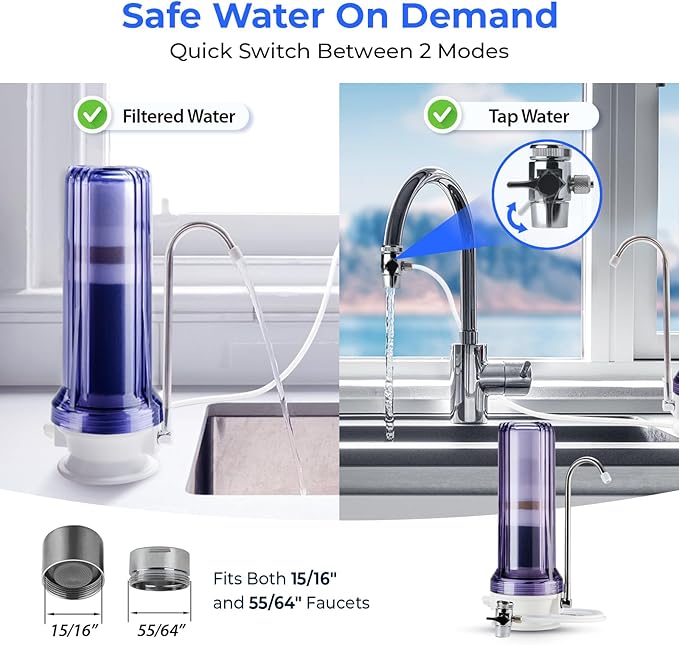 iSpring CT10-CL Countertop Water Filter, Multi-Layer Faucet Water Filter System with Versatile Faucet Adapter, Reduces Heavy Metals, Bad Odor, and Chlorine, Clear