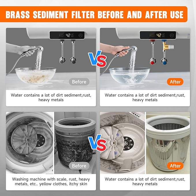 40 Micron Brass Sediment Filter, Reusable Sediment Water Filter for Washing Machine, Shower,Gardens, Well Water Traps Sand Particles, Rust, and Copper Shavings (Brass)