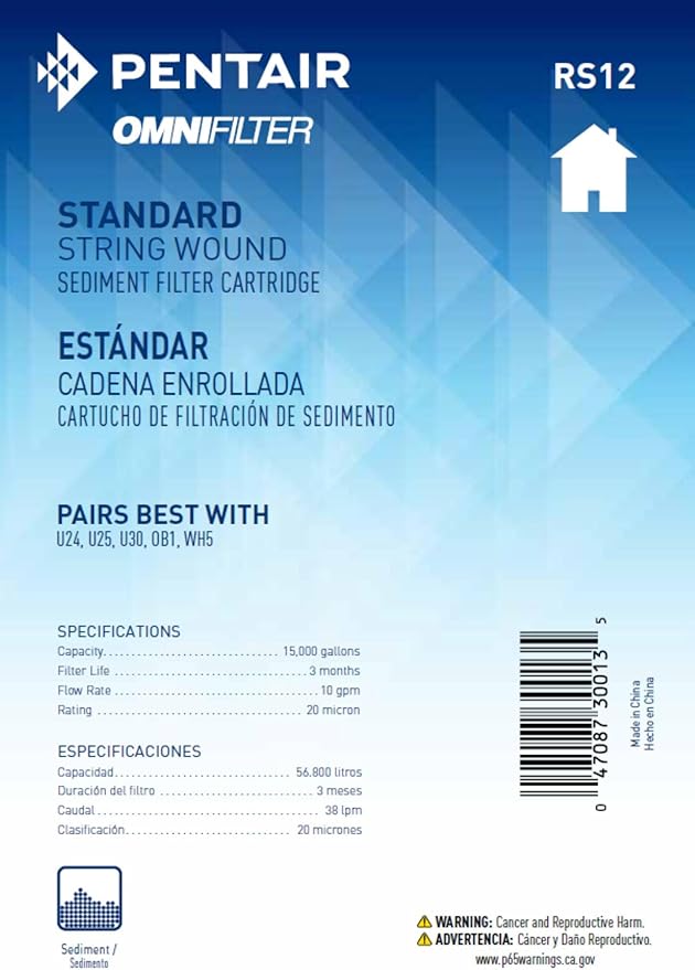 Pentair OMNIFilter RS12 Sediment Water Filter, 10-Inch, Standard Whole House String Wound Sediment Replacement Filter Cartridge, 10" x 2.5", 20 Micron, Pack of 1