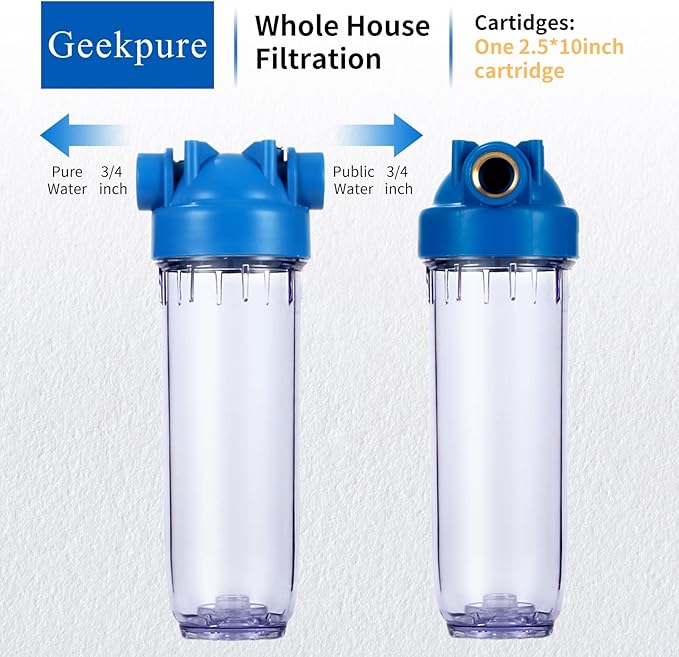 Geekpure 10-Inch Whole House Clear Water Filter Housing - 3/4" NPT Brass Port-Fit for 2.5" x 10" Filters (1)