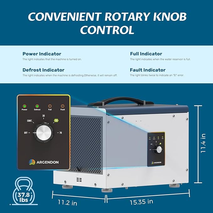 ARGENDON Dehumidifier for Crawlspace Basement, Energy Star Commercial Dehumidifier with Drain Hose 70 PPD, Compact, Ideal for Water Damage Storage Up to 1000 Sq Ft