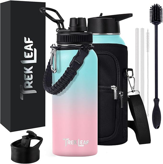 Travel Water Bottle with Carrying Bag, 3 Lids (Spout, Straw, Flip), and Bottle Brush; Leak Proof, Quality, Vacuum Insulated, Stainless Steel (Hydrangea, 32 oz)