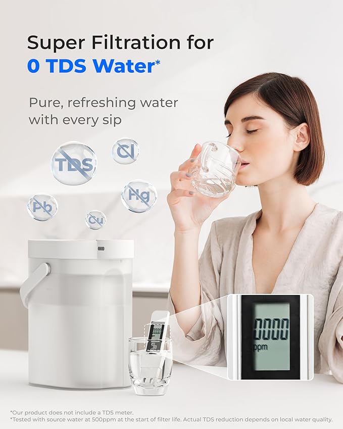 Waterdrop 0 TDS Zero TDS Water Rechargeable Water Filter Dispenser, 4-Stage Instant Electric Powerful Pitcher, Reduce Chlorine, Lead, 15-Cup Countertop Water Filtration System with 1 Filter, White