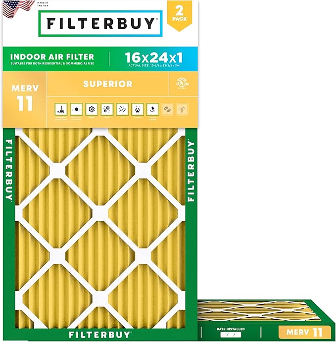 Filterbuy 16x24x1 Air Filter MERV 11 (MPR 1200) Allergen Defense Replacement (2-Pack), Electrostatic Pleated HVAC AC Furnace Filters, Made in USA (Actual Size: 15.38 x 23.38 x 0.75)
