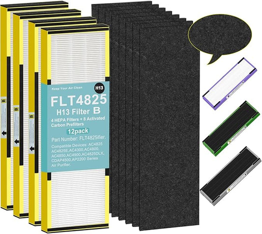 FLT4825 HEPA Filter B Replacement for GermGuardian AC4825E AC4300 AC4900 | 4 True H13 HEPA Filters + 8 Carbon Pre-Filters | 99.97% Allergen Removal, Easy Install, Multi-Room Use