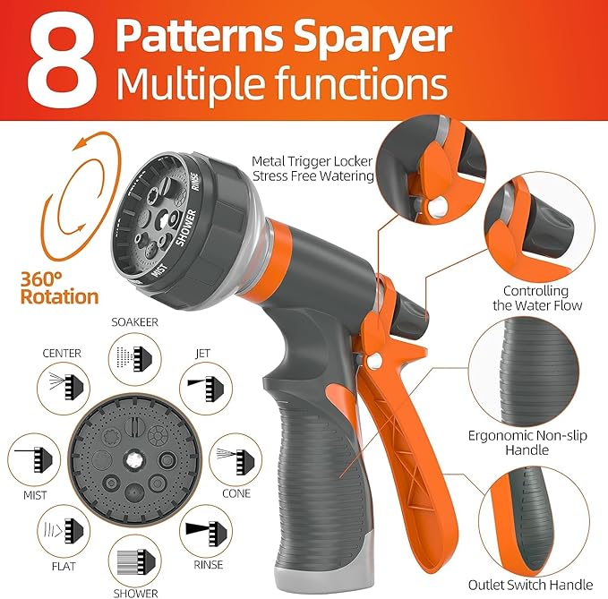 Garden Water Hose 200 ft x 5/8 in Heavy Duty, Flexible and Lightweight, Burst 600 psi, Kink-less Hybrid Rubber Pipe for Backyard, 3/4'' Brass Fittings, Orange