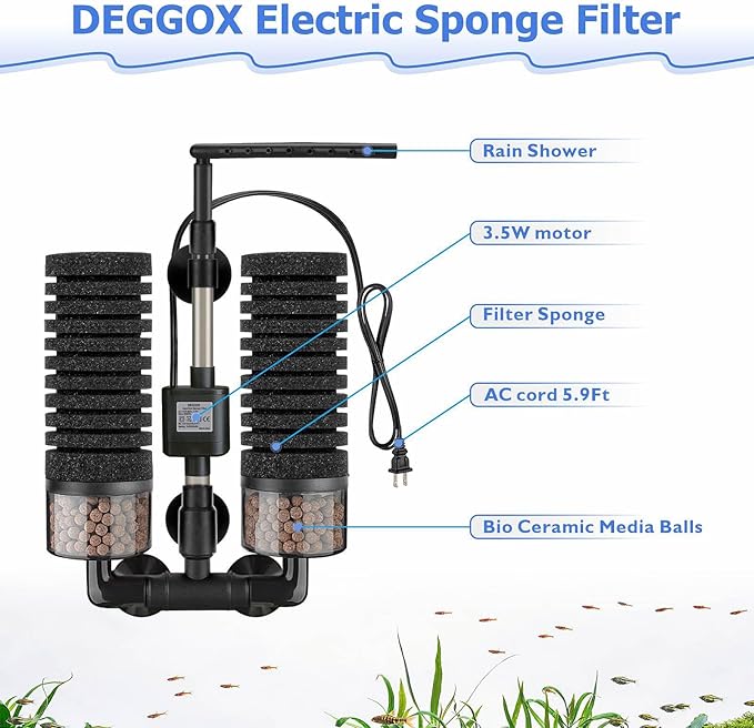 Upgrade Aquarium Electric Power Sponge Filter with Submersible Pump ，Ultra-Quiet Motor with Bio Ceramic Media Balls and 2 Spare Sponge (L for 20-55 Gal)
