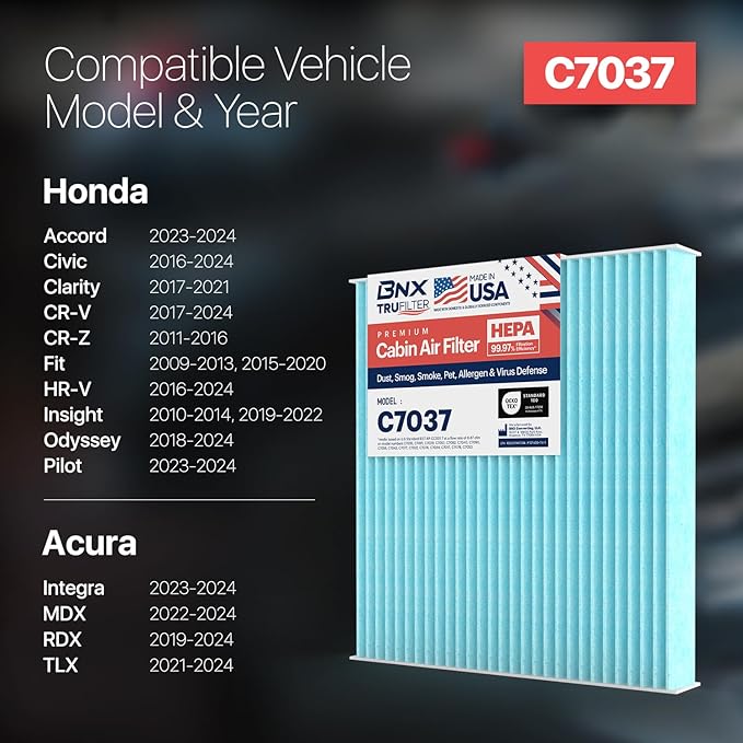 BNX TruFilter C7037 Cabin Air Filter, HEPA 99.97%, MADE IN USA, Compatible With Acura: RDX; Honda: Accord, Civic, Clarity, CR-V, CR-Z, Fit, HR-V, Insight, Odyssey