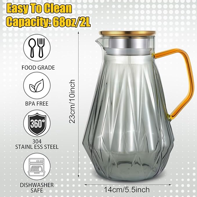 Glass Pitcher with Lid and Spout, Gray Clear Hot & Cold Water Jug with Handle and Lid for Iced Juice, Coffee, Milk, Coffee, Sun Lemonade,Water, Hot Tea (68 oz)