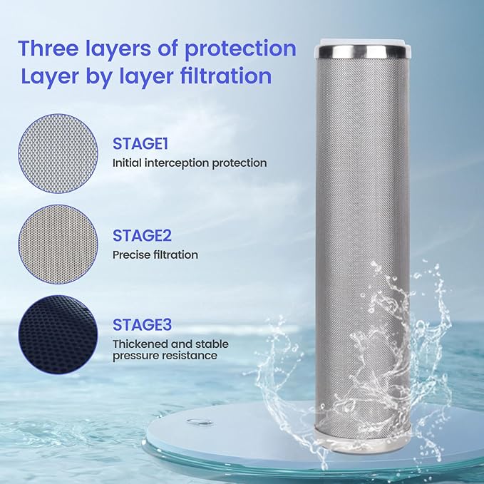 Amwater Stainless Steel Cleanable Wire Mesh Filter Cartridge 10”Length,2.5"OD(300 Micron)