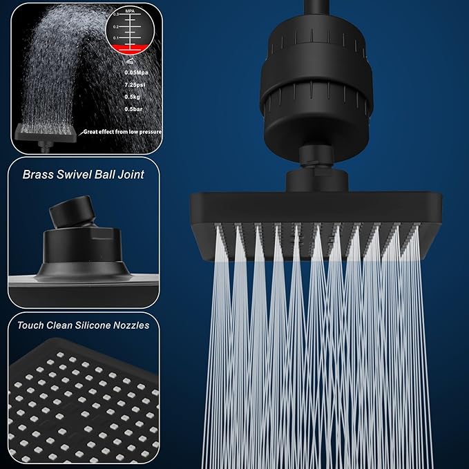 Voolan Filtered Shower Head Set, High Pressure Rain Shower with Handheld Showerhead Combo, Self-adhesive Holder/59" Hose, 20 Stage Filter Removes Chlorine and Harmful Substances (Square,Black)