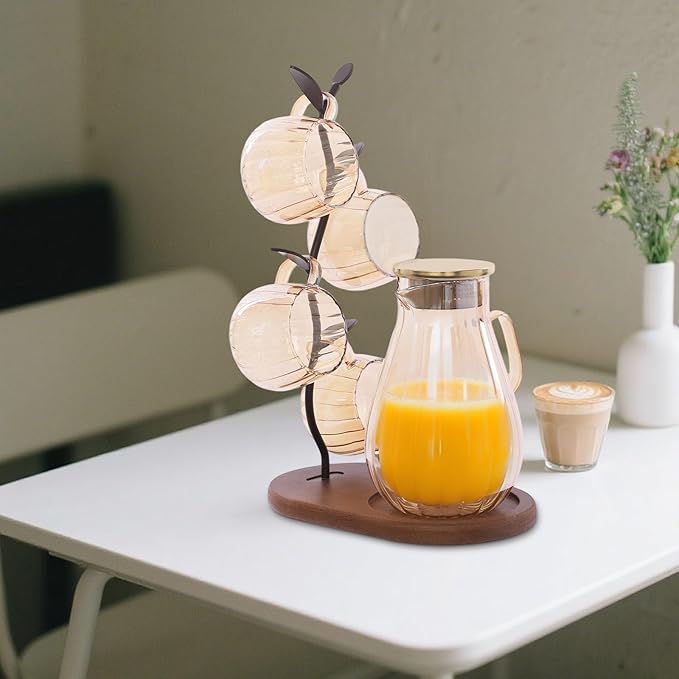 1.5L/50.72 oz Glass Pitcher with Lid & Filter, 6-Pcs Glass Pitcher Set Jug with 6 Water Glasses & Cup Storage Shelf Glasses Water Carafe for Hot/Cold Tea Beverage Large Jug for Iced Juice