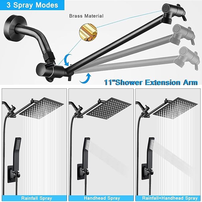 All Metal Rain Shower Heads with Handheld Spray Combo, High Pressure Square 10'' Shower Head with 11'' Extension Arm, Black Shower Head with 78'' Anti-leak Hose, Dual 2 in 1 Waterfall Showerhead