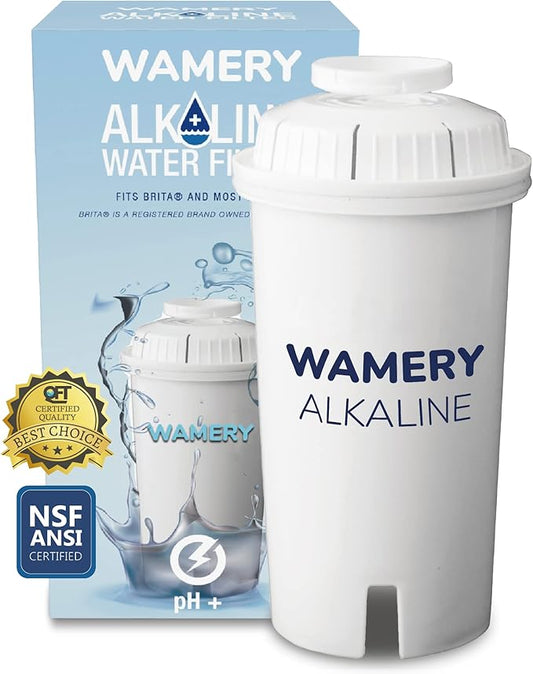 Wamery Alkaline Pitcher Water Filter Replacement - Single Filter, Improves pH & Taste, 42‑Gallon Capacity, Coconut Activated Carbon with Mineral Layer, Leak‑Free Fit, Easy Install, BPA‑Free