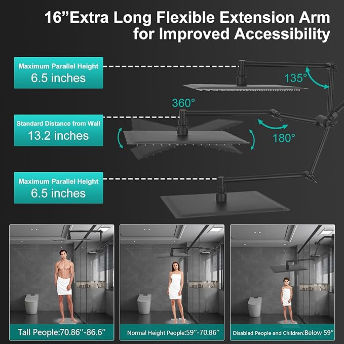 All Metal 10 Inch Rain Shower Head with Handheld Spray Combo, High Pressure Waterfall Rainfall Square Shower Heads with 16" Adjustable Extension Arm, Dual Showerhead with 3-Way Diverter, Matte Black