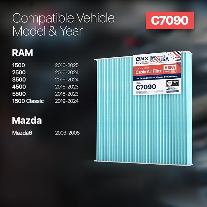 BNX TruFilter C7090 Cabin Air Filter, HEPA 99.97%, Compatible With Select Ram 1500, 1500 Classic, 2500, 3500, 4500,5500 Trucks